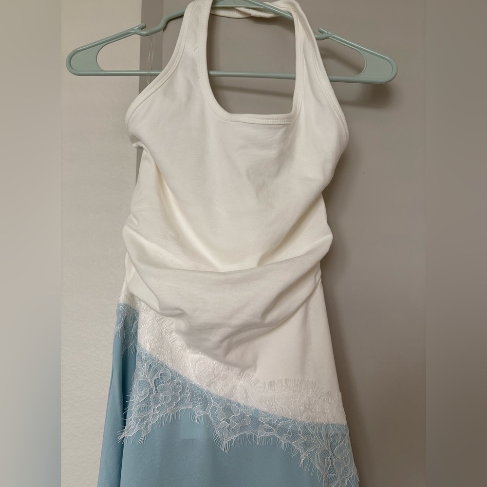 Peppermayo Brionee Midi White and Light Blue Lace Trim Halter Dress - Picture 6 of 10